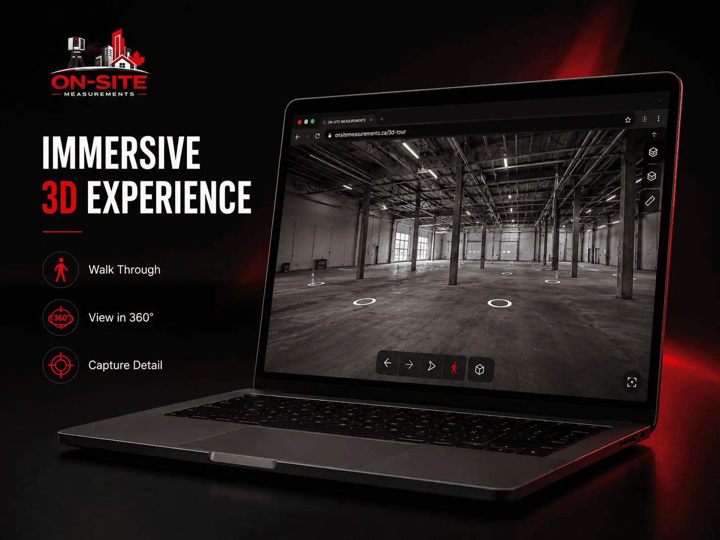 Browser-based 3D virtual tour interface showing navigable commercial interior walkthrough